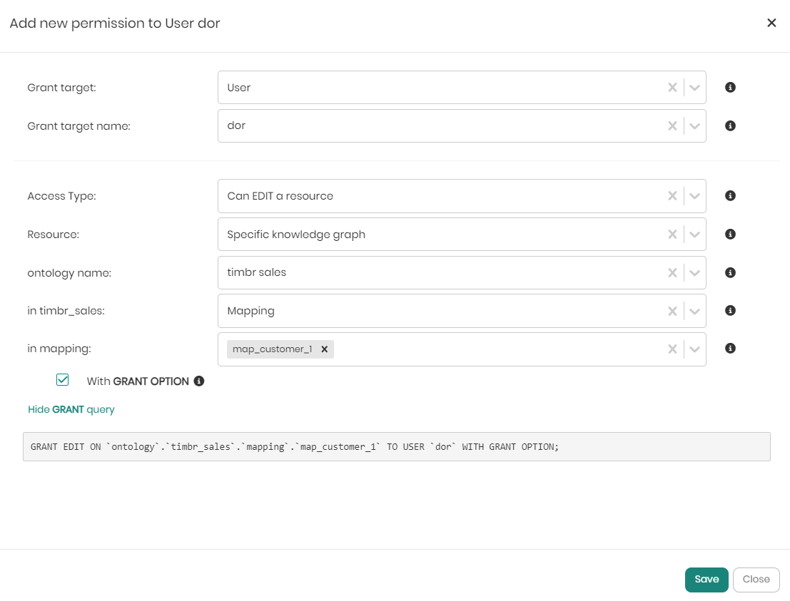 Access manager grant sql edit