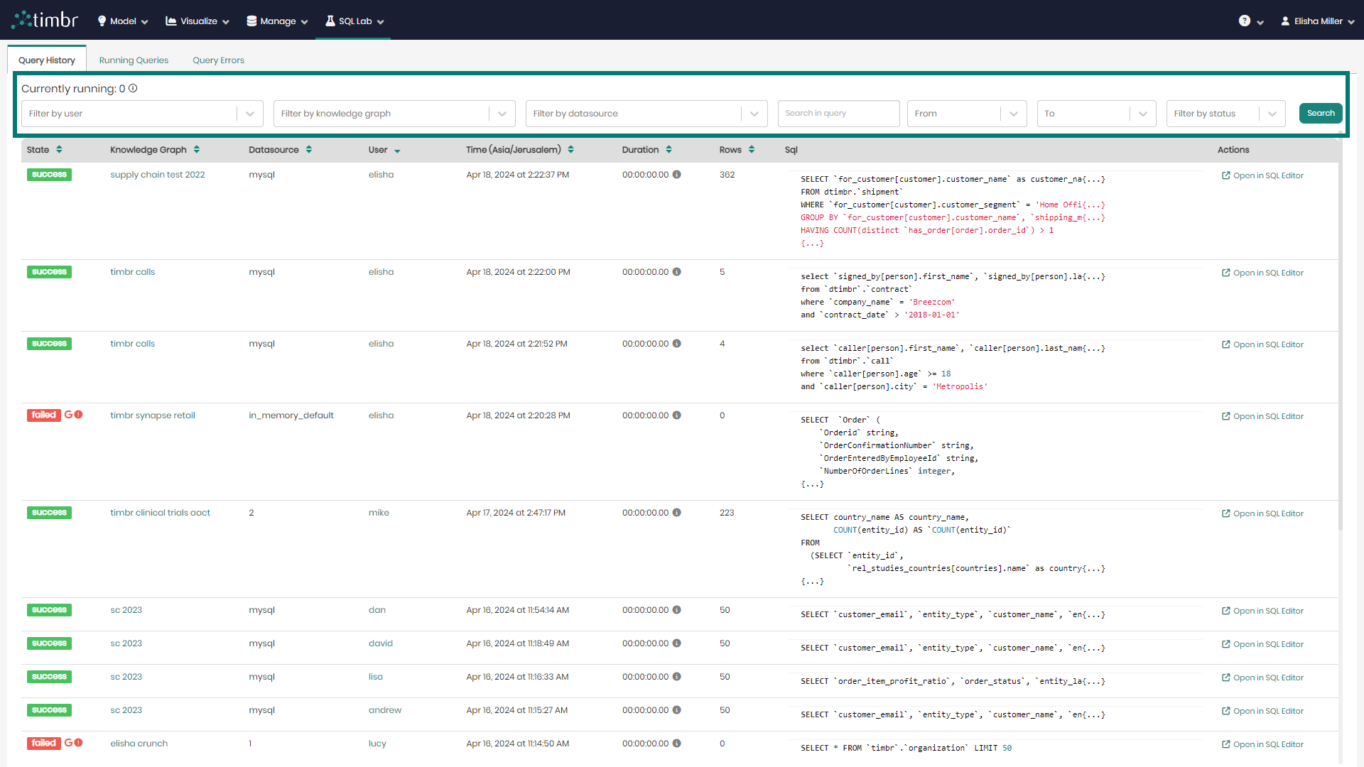 Query History upper pane